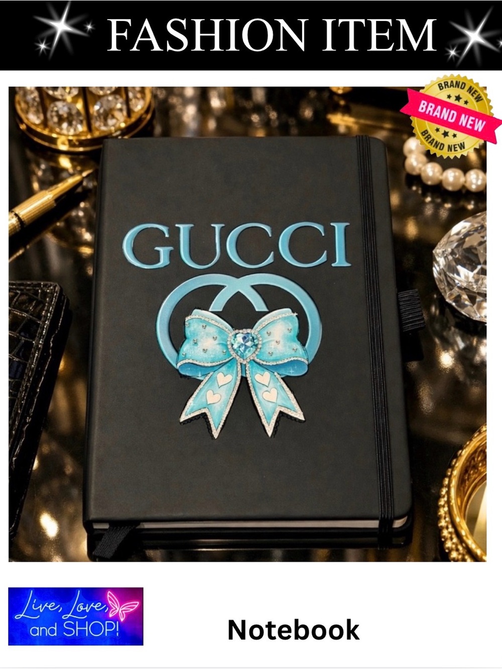 NOTEBOOK: Black & Blue Featuring a Blue Bow w/Pink Hearts, NWOT